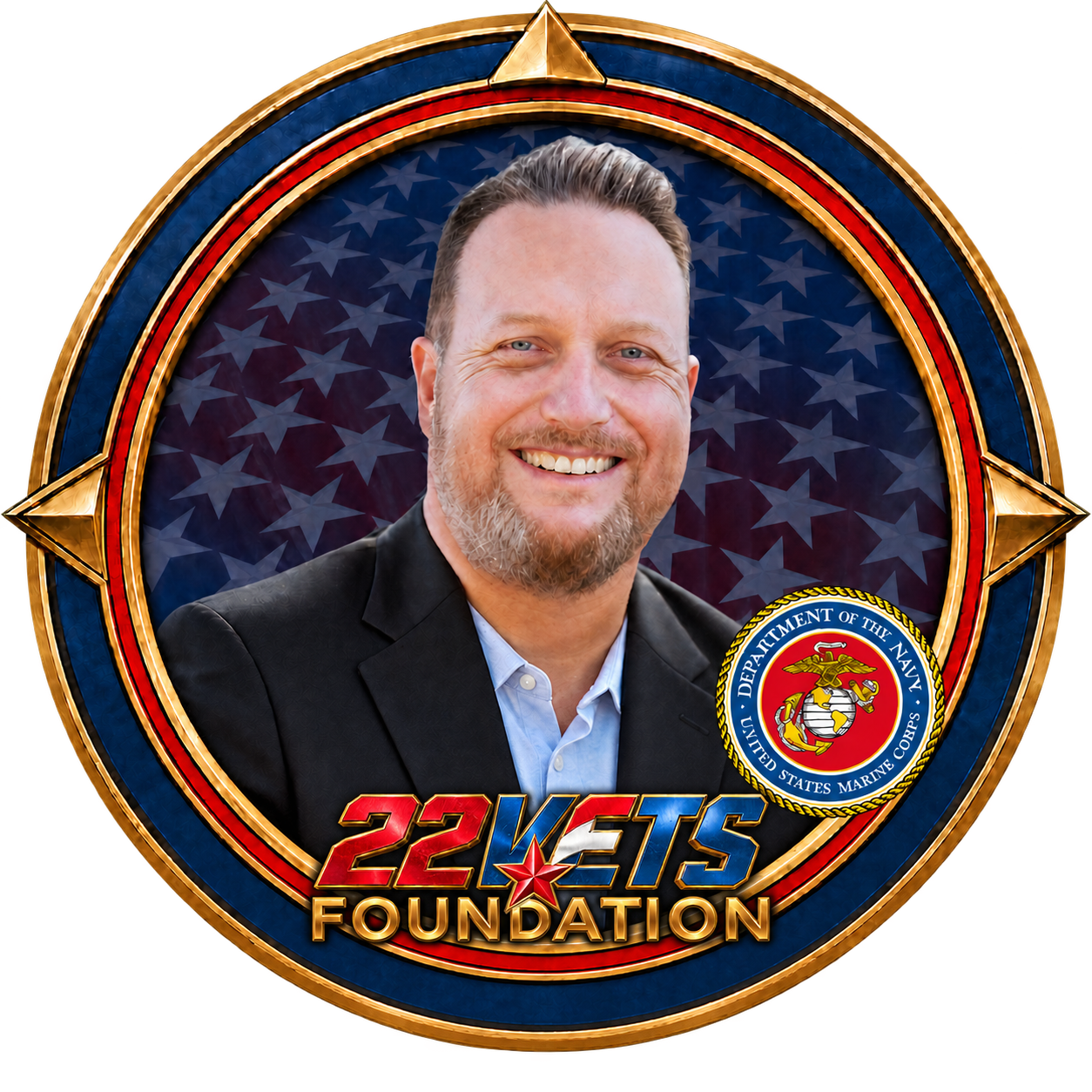 Russ Normandin in a Foundation medallion with a Marine Corps emblem